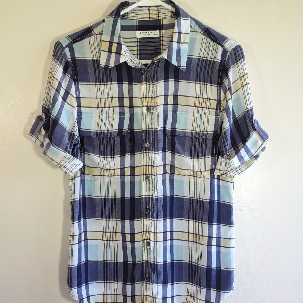 Equipment Femme Silk Blouse Plaid XSmall Short Sleeve Euro Parisian Chic Indie